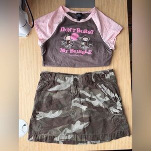 Don’t Burst My Bubble Pink & Brown Raglan Tee Baby Jane and GAP Camo Skirt